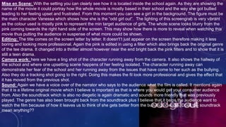 Mise en Scene: With the setting you can clearly see how it is located inside the school again. As they are showing the
name of the movie it could portray how the whole movie is mostly based in their school and the way she got bullied
leading to her feeling upset and frustrated. From this moment you can see a girl in the background. The figure must be
the main character Vanessa which shows how she is the “odd girl out”. The lighting of this screengrab is very vibrant
as the colour used is mostly pink to represent the min target audience of girls. The whole scene looks blurry from the
pink coming towards the right hand side of the screen. This may show how there is more to reveal when watching this
movie thus putting the audience in suspense of what more could be shown.
Editing: The title comes on the screen letter by letter. It doesn't’t just appear on the screen therefore making it less
boring and looking more professional. Again the pink is edited in using a filter which also brings back the original genre
of the tee drama. It changed into a thriller almost however near the end bright back the pink filters and to show that it is
still a teen drama.
Camera work: here we have a ling shot of the character running away from the camera. It also shows the hallway of
the school and where one upsetting scene happens of her feeling isolated. The character running away can
demonstrate her fear of the school and her running away from the issues that have come to her such as the bullying.
Also they do a tracking shot going to the right. Doing this makes the fil look more professional and gives the effect that
it has moved from the previous shot.
Sound: Again we have a voice over of the narrator who says to the audience what the film is called. It mentions again
that it is a lifetime original movie which I believe is important as that is where you would get your consumer audience
from. Also the soundtrack which is also no diegetic is again dramatic and sounds more friendly that was previously
played. The genre has also been brought back from the soundtrack plus I believe that it helps the audience want to
watch the film because of how it leaves us to think of she gets better from the bullying or worse. Does the soundtrack
mean anything??
 