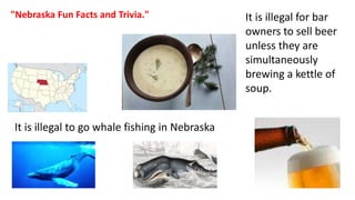 It is illegal for bar
owners to sell beer
unless they are
simultaneously
brewing a kettle of
soup.
"Nebraska Fun Facts and Trivia."
It is illegal to go whale fishing in Nebraska
 
