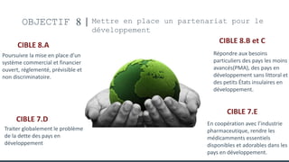 OBJECTIF 8 Mettre en place un partenariat pour le
développement
CIBLE 8.A
Poursuivre la mise en place d’un
système commercial et financier
ouvert, réglementé, prévisible et
non discriminatoire.
CIBLE 8.B et C
Répondre aux besoins
particuliers des pays les moins
avancés(PMA), des pays en
développement sans littoral et
des petits États insulaires en
développement.
CIBLE 7.D
Traiter globalement le problème
de la dette des pays en
développement
CIBLE 7.E
En coopération avec l’industrie
pharmaceutique, rendre les
médicamments essentiels
disponibles et adorables dans les
pays en développement.
 