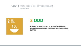 ODD Objectifs de Développement
Durable
2 ODD
ÉLIMINER LA FAIM, ASSURER LA SÉCURITÉ ALIMENTAIRE,
AMÉLIORER LA NUTRITION ET PROMOUVOIR L’AGRICULTURE
DURABLE
 