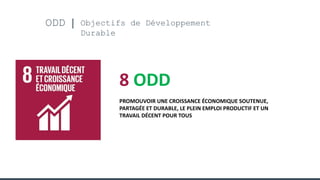 ODD Objectifs de Développement
Durable
8 ODD
PROMOUVOIR UNE CROISSANCE ÉCONOMIQUE SOUTENUE,
PARTAGÉE ET DURABLE, LE PLEIN EMPLOI PRODUCTIF ET UN
TRAVAIL DÉCENT POUR TOUS
 