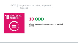 ODD Objectifs de Développement
Durable
10 ODD
RÉDUIRE LES INÉGALITÉS DANS LES PAYS ET D’UN PAYS À
L’AUTRE
 