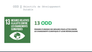 ODD Objectifs de Développement
Durable
13 ODD
PRENDRE D’URGENCE DES MESURES POUR LUTTER CONTRE
LES CHANGEMENTS CLIMATIQUES ET LEURS RÉPERCUSSIONS
 