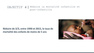 OBJECTIF 4 Réduire la mortalité infantille et
post-infantille
Réduire de 2/3, entre 1990 et 2015, le taux de
mortalité des enfants de moins de 5 ans
 