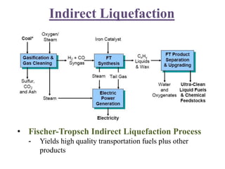 Indirect Liquefaction
• Fischer-Tropsch Indirect Liquefaction Process
- Yields high quality transportation fuels plus other
products
 