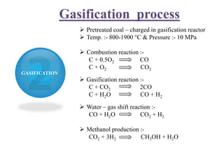 Gasification process
GASIFICATION
 Pretreated coal – charged in gasification reactor
 Temp. :- 800-1900 °C & Pressure :- 10 MPa
 Combustion reaction :-
C + 0.5O2 CO
C + O2 CO2
 Gasification reaction :-
C + CO2 2CO
C + H2O CO + H2
 Water – gas shift reaction :-
CO + H2O CO2 + H2
 Methanol production :-
CO2 + 3H2 CH3OH + H2O
 