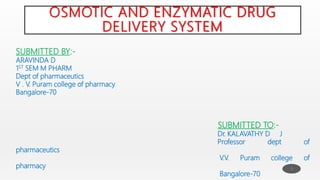 OSMOTIC AND ENZYMATIC DRUG
DELIVERY SYSTEM
SUBMITTED BY:-
ARAVINDA D
1ST SEM M PHARM
Dept of pharmaceutics
V . V. Puram college of pharmacy
Bangalore-70
SUBMITTED TO:-
Dr. KALAVATHY D J
Professor dept of
pharmaceutics
V.V. Puram college of
pharmacy
Bangalore-70
1
 