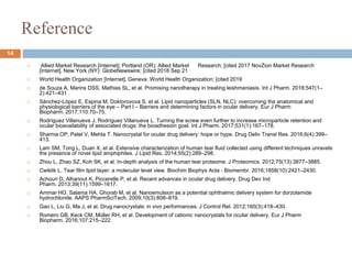 Reference
14
 Allied Market Research [Internet]. Portland (OR): Allied Market Research; [cited 2017 NovZion Market Research
[Internet]. New York (NY): GlobeNewswire; [cited 2018 Sep 21
 World Health Organization [Internet]. Geneva: World Health Organization; [cited 2019
 de Souza A, Marins DSS, Mathias SL, et al. Promising nanotherapy in treating leishmaniasis. Int J Pharm. 2018;547(1–
2):421–431
 Sánchez-López E, Espina M, Doktorovova S, et al. Lipid nanoparticles (SLN, NLC): overcoming the anatomical and
physiological barriers of the eye – Part I – Barriers and determining factors in ocular delivery. Eur J Pharm
Biopharm. 2017;110:70–75.
 Rodríguez Villanueva J, Rodríguez Villanueva L. Turning the screw even further to increase microparticle retention and
ocular bioavailability of associated drugs: the bioadhesion goal. Int J Pharm. 2017;531(1):167–178.
 Sharma OP, Patel V, Mehta T. Nanocrystal for ocular drug delivery: hope or hype. Drug Deliv Transl Res. 2016;6(4):399–
413.
 Lam SM, Tong L, Duan X, et al. Extensive characterization of human tear fluid collected using different techniques unravels
the presence of novel lipid amphiphiles. J Lipid Res. 2014;55(2):289–298.
 Zhou L, Zhao SZ, Koh SK, et al. In-depth analysis of the human tear proteome. J Proteomics. 2012;75(13):3877–3885.
 Cwiklik L. Tear film lipid layer: a molecular level view. Biochim Biophys Acta - Biomembr. 2016;1858(10):2421–2430.
 Achouri D, Alhanout K, Piccerelle P, et al. Recent advances in ocular drug delivery. Drug Dev Ind
Pharm. 2013;39(11):1599–1617.
 Ammar HO, Salama HA, Ghorab M, et al. Nanoemulsion as a potential ophthalmic delivery system for dorzolamide
hydrochloride. AAPS PharmSciTech. 2009;10(3):808–819.
 Gao L, Liu G, Ma J, et al. Drug nanocrystals: in vivo performances. J Control Rel. 2012;160(3):418–430.
 Romero GB, Keck CM, Müller RH, et al. Development of cationic nanocrystals for ocular delivery. Eur J Pharm
Biopharm. 2016;107:215–222.
 