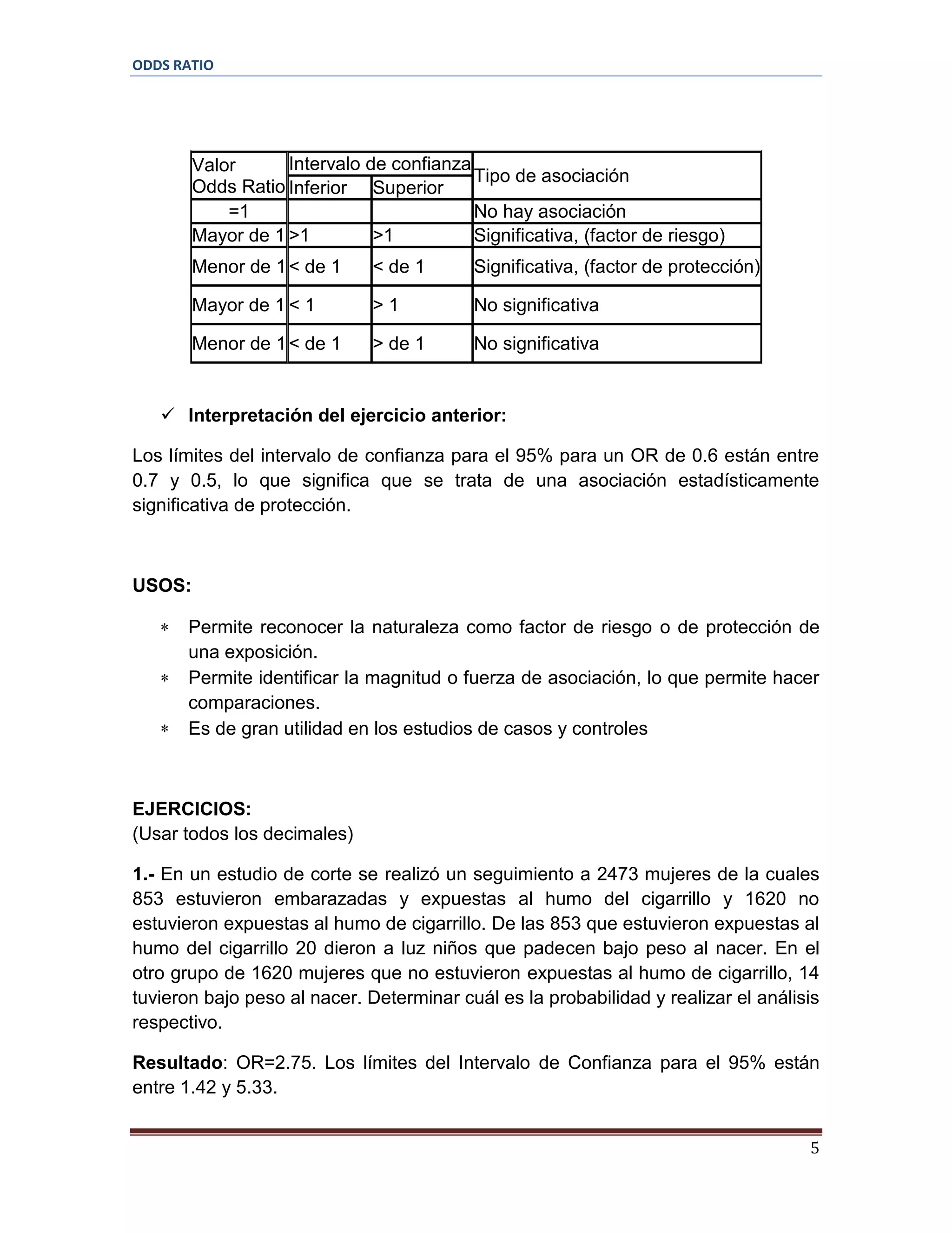 ODDS RATIO

Intervalo de confianza
Valor
Tipo de asociación
Odds Ratio Inferior Superior
=1
No hay asociación
Mayor de 1 >1
>1
Significativa, (factor de riesgo)
Menor de 1 < de 1

< de 1

Significativa, (factor de protección)

Mayor de 1 < 1

>1

No significativa

Menor de 1 < de 1

> de 1

No significativa

 Interpretación del ejercicio anterior:
Los límites del intervalo de confianza para el 95% para un OR de 0.6 están entre
0.7 y 0.5, lo que significa que se trata de una asociación estadísticamente
significativa de protección.

USOS:
Permite reconocer la naturaleza como factor de riesgo o de protección de
una exposición.
Permite identificar la magnitud o fuerza de asociación, lo que permite hacer
comparaciones.
Es de gran utilidad en los estudios de casos y controles

EJERCICIOS:
(Usar todos los decimales)
1.- En un estudio de corte se realizó un seguimiento a 2473 mujeres de la cuales
853 estuvieron embarazadas y expuestas al humo del cigarrillo y 1620 no
estuvieron expuestas al humo de cigarrillo. De las 853 que estuvieron expuestas al
humo del cigarrillo 20 dieron a luz niños que padecen bajo peso al nacer. En el
otro grupo de 1620 mujeres que no estuvieron expuestas al humo de cigarrillo, 14
tuvieron bajo peso al nacer. Determinar cuál es la probabilidad y realizar el análisis
respectivo.
Resultado: OR=2.75. Los límites del Intervalo de Confianza para el 95% están
entre 1.42 y 5.33.
5

 