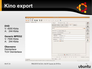 Kino export DVD V: 4000 Kbita A:  244 Kbita Generic MPEG2 V: 7500 Kbita A:  244 Kbita Obavezno Deinterlace YUV Deinterlace  