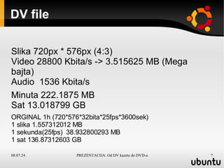 DV file Slika 720px * 576px (4:3) Video 28800 Kbita/s -> 3.515625 MB (Mega bajta) Audio  1536 Kbita/s Minuta 222.1875 MB Sat 13.018799 GB ORGINAL 1h (720*576*32bita*25fps*3600sek) 1 slika 1.557312012 MB 1 sekunda(25fps)  38.932800293 MB 1 sat 136.87312603 GB 
