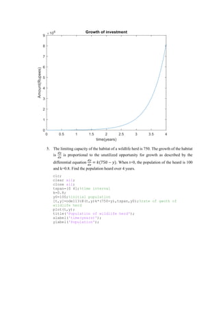 5. The limiting capacity of the habitat of a wildlife herd is 750. The growth of the habitat
is
𝑑𝑦
𝑑𝑥
is proportional to the unutilized opportunity for growth as described by the
differential equation
𝑑𝑦
𝑑𝑥
= 𝑘(750 − 𝑦). When t=0, the population of the heard is 100
and k=0.8. Find the population heard over 4 years.
clc;
clear all;
close all;
tspan=[0 4];%time interval
k=0.8;
y0=100;%initial population
[t,y]=ode113(@(t,y)k*(750-y),tspan,y0);%rate of gwoth of
wildlife herd
plot(t,y);
title('Population of wildlife herd');
xlabel('time(years)');
ylabel('Population');
 