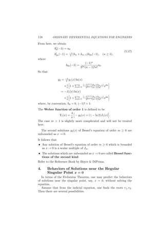 34 ORDINARY DIFFERENTIAL EQUATIONS FOR ENGINEERS
Note that the condition (3.6) is just a suﬃcient condition for linear
independency, but not a necessary condition. In other words, the con-
dition (3.6) is a necessary condition for linear dependency, but not a
suﬃcient condition. Hence, even though ∆(x) = 0 for all x ∈ (I), one
still cannot conclude that the set of functions are linearly dependent.
To demonstrate this more clearly, let us reconsider the example 2.
It is seen that the two functions are diﬀerentiable in the interval (I).
Hence, the method (II)is applicable. It is derived that
in the sub-interval x ≥ 0, one has v1(x) = x3, v2(x) = x3, so that,
∆(x) =
 