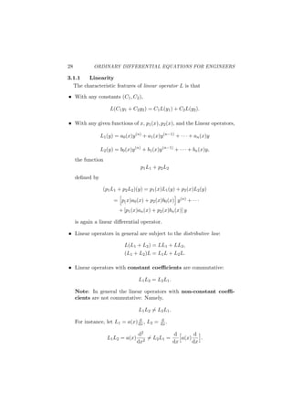 20 ORDINARY DIFFERENTIAL EQUATIONS FOR ENGINEERS
3. Nonlinear Equations (II)— Exact Equation
and Integrating Factor
3.1 Exact Equations.
By a region of the (x, y)-plane we mean a connected open subset of
the plane. The diﬀerential equation
M(x, y) + N(x, y)
dy
dx
= 0
is said to be exact on a region (R) if there is a function F(x, y) deﬁned
on (R) such that
∂F
∂x
= M(x, y);
∂F
∂y
= N(x, y)
In this case, if M, N are continuously diﬀerentiable on (R) we have
∂M
∂y
=
∂N
∂x
. (2.14)
Conversely, it can be shown that condition (2.14) is also suﬃcient for the
exactness of the given DE on (R) providing that (R) is simply connected,
.i.e., has no “holes”.
The exact equations are solvable. In fact, suppose y(x) is its solution.
Then one can write:
M [x, y(x)] + N [x, y(x)]
dy
dx
=
∂F
∂x
+
∂F
∂y
dy
dx
=
d
dx
F [x, y(x)] = 0.
It follows that
F [x, y(x)] = C,
where C is an arbitrary constant. This is an implicit form of the solution
y(x). Hence, the function F(x, y), if it is found, will give a family of the
solutions of the given DE.
The curves F(x, y) = C are called integral curves of the given DE.
Example 1. 2x2y dy
dx + 2xy2 + 1 = 0. Here
M = 2xy2
+ 1, N = 2x2
y
and R = R2, the whole (x, y)-plane. The equation is exact on R2 since
R2 is simply connected and
∂M
∂y
= 4xy =
∂N
∂x
.
 