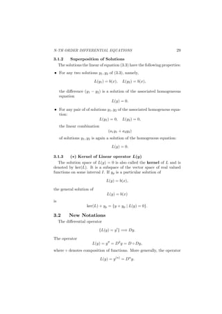 FIRST ORDER DIFFERENTIAL EQUATIONS 21
To ﬁnd F we have to solve the partial diﬀerential equations
∂F
∂x
= 2xy2
+ 1,
∂F
∂y
= 2x2
y.
If we integrate the ﬁrst equation with respect to x holding y ﬁxed, we
get
F(x, y) = x2
y2
+ x + ϕ(y).
Diﬀerentiating this equation with respect to y gives
∂F
∂y
= 2x2
y + ϕ′
(y) = 2x2
y
using the second equation. Hence ϕ′(y) = 0 and ϕ(y) is a constant
function. The solutions of our DE in implicit form is
x2
y2
+ x = C.
Example 2. We have already solved the homogeneous DE
dy
dx
=
x − y
x + y
.
This equation can be written in the form
y − x + (x + y)
dy
dx
= 0
which is an exact equation. In this case, the solution in implicit form is
x(y − x) + y(x + y) = C,
i.e.,
y2
+ 2xy − x2
= C.
4. Integrating Factors.
If the diﬀerential equation M +Ny′ = 0 is not exact it can sometimes
be made exact by multiplying it by a continuously diﬀerentiable function
µ(x, y). Such a function is called an integrating factor. An integrating
factor µ satisﬁes the PDE:
∂µM
∂y
=
∂µN
∂x
,
which can be written in the form
(
∂M
∂y
−
∂N
∂x
)
µ = N
∂µ
∂x
− M
∂µ
∂y
.
 