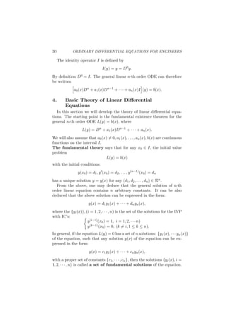 22 ORDINARY DIFFERENTIAL EQUATIONS FOR ENGINEERS
This equation can be simpliﬁed in special cases, two of which we treat
next.
µ is a function of x only. This happens if and only if
∂M
∂y − ∂N
∂x
N
= p(x)
is a function of x only in which case µ′ = p(x)µ.
µ is a function of y only. This happens if and only if
∂M
∂y − ∂N
∂x
M
= q(y)
is a function of y only in which case µ′ = −q(y)µ.
µ = P(x)Q(y) . This happens if and only if
∂M
∂y
−
∂N
∂x
= p(x)N − q(y)M, (2.15)
where
p(x) =
P′(x)
P(x)
, q(y) =
Q′(y)
Q(y)
.
If the system really permits the functions p(x), q(y), such that (2.15)
hold, then we can derive
P(x) = ±e
∫
p(x)dx
; Q(y) = ±e
∫
q(y)dy
.
Example 1. 2x2 + y + (x2y − x)y′ = 0. Here
∂M
∂y − ∂N
∂x
N
=
2 − 2xy
x2y − x
=
−2
x
so that there is an integrating factor µ(x) which is a function of x only,
and satisﬁes
µ′
= −2µ/x.
Hence µ = 1/x2 is an integrating factor and
2 + y/x2
+ (y − 1/x)y′
= 0
is an exact equation whose general solution is
2x − y/x + y2
/2 = C
 