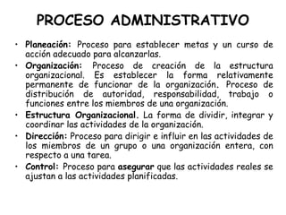 PROCESO ADMINISTRATIVO Planeación:  Proceso para establecer metas y un curso de acción adecuado para alcanzarlas. Organización:  Proceso de creación de la estructura organizacional. Es establecer la forma relativamente permanente de funcionar de la organización .  Proceso de distribución de autoridad, responsabilidad, trabajo o funciones entre los miembros de una organización.  Estructura Organizacional.  La forma de dividir, integrar y coordinar las actividades de la organización. Dirección:  Proceso para dirigir e influir en las actividades de los miembros de un grupo o una organización entera, con respecto a una tarea. Control:   Proceso para  asegurar  que las actividades reales se ajustan a las actividades planificadas. 