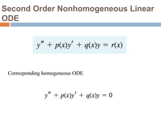 Second Order Nonhomogeneous Linear
ODE
Corresponding homogeneous ODE
 