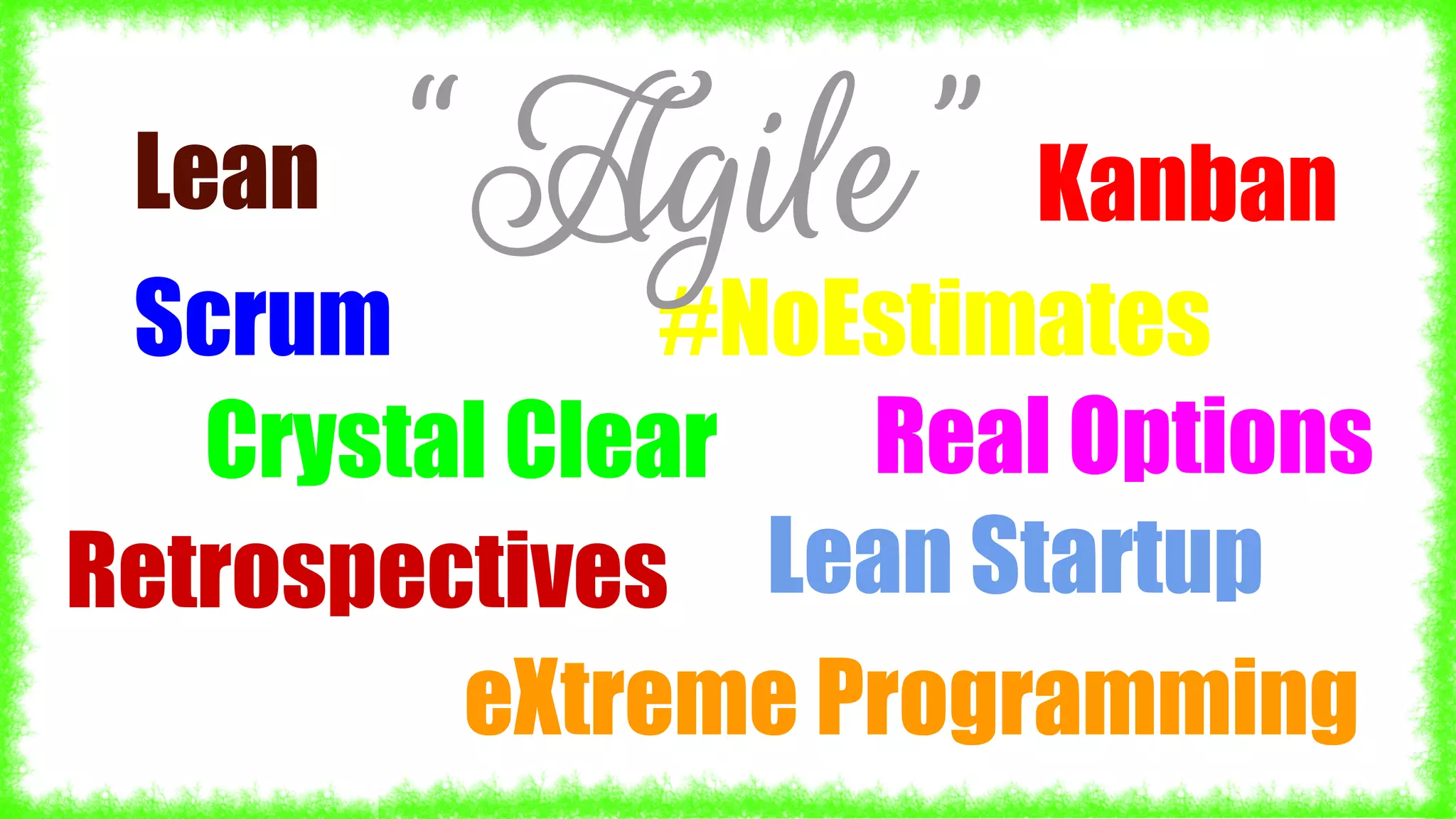 Scrum
Kanban
Crystal Clear
eXtreme Programming
#NoEstimates
Real Options
Retrospectives Lean Startup
Lean “Agile”
 