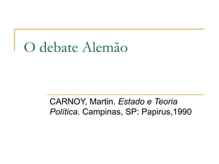 O debate Alemão CARNOY, Martin.  Estado e Teoria Política . Campinas, SP: Papirus,1990 