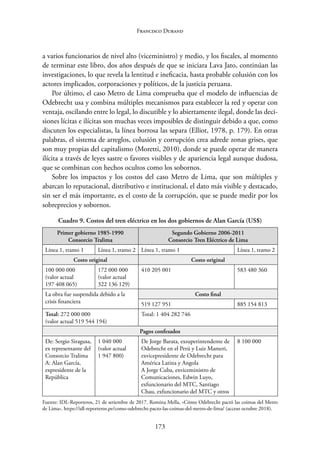 173
Francisco Durand
a varios funcionarios de nivel alto (viceministro) y medio, y los fiscales, al momento
de terminar este libro, dos años después de que se iniciara Lava Jato, continúan las
investigaciones, lo que revela la lentitud e ineficacia, hasta probable colusión con los
actores implicados, corporaciones y políticos, de la justicia peruana.
Por último, el caso Metro de Lima comprueba que el modelo de influencias de
Odebrecht usa y combina múltiples mecanismos para establecer la red y operar con
ventaja, oscilando entre lo legal, lo discutible y lo abiertamente ilegal, donde las deci-
siones lícitas e ilícitas son muchas veces imposibles de distinguir debido a que, como
discuten los especialistas, la línea borrosa las separa (Elliot, 1978, p. 179). En otras
palabras, el sistema de arreglos, colusión y corrupción crea adrede zonas grises, que
son muy propias del capitalismo (Moretti, 2010), donde se puede operar de manera
ilícita a través de leyes sastre o favores visibles y de apariencia legal aunque dudosa,
que se combinan con hechos ocultos como los sobornos.
Sobre los impactos y los costos del caso Metro de Lima, que son múltiples y
abarcan lo reputacional, distributivo e institucional, el dato más visible y destacado,
sin ser el más importante, es el costo de la corrupción, que se puede medir por los
sobreprecios y sobornos.
Cuadro 9. Costos del tren eléctrico en los dos gobiernos de Alan García (US$)
Primer gobierno 1985-1990
Consorcio Tralima
Segundo Gobierno 2006-2011
Consorcio Tren Eléctrico de Lima
Línea 1, tramo 1 Línea 1, tramo 2 Línea 1, tramo 1 Línea 1, tramo 2
Costo original Costo original
100 000 000
(valor actual
197 408 065)
172 000 000
(valor actual
322 136 129)
410 205 001 583 480 360
La obra fue suspendida debido a la
crisis financiera
Costo final
519 127 951 885 154 813
Total: 272 000 000
(valor actual 519 544 194)
Total: 1 404 282 746
Pagos confesados
De: Sergio Siragusa,
ex representante del
Consorcio Tralima
A: Alan García,
expresidente de la
República
1 040 000
(valor actual
1 947 800)
De Jorge Barata, exsuperintendente de
Odebrecht en el Perú y Luiz Mameri,
exvicepresidente de Odebrecht para
América Latina y Angola
A Jorge Cuba, exviceministro de
Comunicaciones, Edwin Luyo,
exfuncionario del MTC, Santiago
Chau, exfuncionario del MTC y otros
8 100 000
Fuente: IDL-Reporteros, 21 de setiembre de 2017. Romina Mella, «Cómo Odebrecht pactó las coimas del Metro
de Lima». https://idl-reporteros.pe/como-odebrecht-pacto-las-coimas-del-metro-de-lima/ (acceso octubre 2018).
 