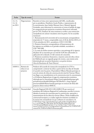 249
Francisco Durand
Fecha Tipo de evento Evento
12, 13,
14, 16
set-2011
Negociaciones Reunión en Lima entre representantes del GRL, encabezados
por su presidente, Humberto Acuña Peralta, y representantes de
la concesionaria, Juan Andrés Marsano Soto y Ramesh Agrawal
Fernández, para solucionar la controversia en torno al pedido de pago
de compensación por perjuicios económico financieros solicitada
por la CTO. Producto de estas reuniones se arriba a una transacción
extrajudicial, de carácter vinculante entre las partes. En los acuerdos
reconocen:
1. Remuneración de la inversión de la concesionaria correspondiente
al periodo de 17 meses, comprendido entre el 26 de abril de 2010 y el
25 de setiembre de 2011, ascendente a US$ 31 832 000.
2. Perjuicio financiero correspondiente al financiamiento de
los ingresos no recibidos en el periodo señalado, ascendente a
US$ 1 802 000.
3. La suma de dichos montos equivalen a una prórroga de la vigencia
del plazo de la concesión por un total de 9,38 años adicionales en
aplicación de la cláusula 3.3 del contrato de concesión.
4. Perjuicios económico financieros y mayores costos de obra a favor
de Odebrecht por un segundo grupo de eventos, cuyo monto sería
determinado por un perito financiero y un perito técnico.
(Acta de Reuniones de Trato Directo)
18/09/11 Reinicio de
obras en un
proyecto
Producto del acuerdo de transacción extrajudicial, la CTO se
comprometió a reiniciar las obras a partir de los tres días de firmado
el acuerdo entre las partes. El presidente Ollanta Humala participa en
acto de reinicio de obras de construcción de túnel de Trasvase Olmos
tras llegar a un entendimiento en la controversia entre la concesionaria
y el Gobierno Regional por el pago de compensación económica
solicitada por la concesionaria (https://www.regionlambayeque.gob.
pe/web/noticia/detalle/6504?pass=MTMwNA==; http://rpp.pe/
peru/actualidad/ollanta-humala-participo-en-reinicio-de-obras-del-
proyecto-olmos-noticia-404813).
08/03/12 Normatividad Acuerdo Regional 020-2012-GR.LAMB./CR que autoriza al
presidente del Gobierno Regional de Lambayeque suscribir la tercera
adenda al contrato de concesión para la construcción, operación y
mantenimiento de las obras de trasvase Olmos. Dicha modificación
contractual incorpora y se realiza según los términos acordados en
la transacción extrajudicial a la que arribaron el concedente y la
CTO (https://siga.regionlambayeque.gob.pe/docs/imgfckeditor/
Acuerdo%20Regional%2020-2012%20del%208%20de%20
marzo%20del%202012%20aprueban%20modificaci%C3%B3n%20
concesi%C3%B3n%20de%20trasvase.pdf).
 