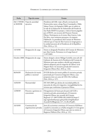 258
Odebrecht. La empresa que capturaba gobiernos
Fecha Tipo de evento Evento
Del 17/09/08
al 20/09/08
Viaje de autoridad
ejecutiva
Presidente del GRL viajó a Brasil a invitación de
Proinversión, junto a Jorge Pasco Cosmópolis y Pablo
Salazar Torres a la Expoperú 2008, que se realizó en
la sede de la Federación de Industriales del Estado de
Sao Paulo FIESP. Los pasajes y viáticos fueron pagados
por el PEOT, con recursos del Proyecto Trasvase
Olmos. Participaron en el evento Alan García y Lula
Da Silva, cinco ministros peruanos y la empresa
Odebrecht. La presidencia del Consejo de Ministros
informó que el viaje de Alan García no irrogó gastos a
la unidad ejecutora de la Presidencia de la República
(Pari, 2016, p. 12).
14/10/08 Designación de cargo Simon es designado Presidente del Consejo de Ministros
por Alan García. Permanece en el cargo hasta el
11/07/2009.
Octubre 2008 Designación de cargo Simon designó a Javier Málaga Cochella como jefe del
Gabinete de Asesores de la Presidencia del Consejo de
Ministros para que ayudara a decidir qué propuesta
debería adoptarse para la irrigación de Olmos, la de
Nippon Koei o la iniciativa privada del Consorcio
Irrigación Olmos (Pari, 2016, p. 126).
06/04/09 Declaración de interés
público o nacional
El GLR declara de interés público la iniciativa privada
presentada por Consorcio Irrigación Olmos, cuya
propuesta tiene un costo de US$ 218,3 millones
(Pari, 2016, p. 127).
16/04/09 Normatividad DU 049-2009 que declara de necesidad pública la
ejecución de obras de irrigación e intangibilidad de los
terrenos que conforman el proyecto Olmos.
12/08/09 Procesos y gestiones en
concesiones
Otorgamiento de buena pro de parte del GLR a
iniciativa privada, presentada por el Consorcio
Irrigación Olmos, por acuerdo del Consejo
Regional 127-200-CEPRI-GR.LAM/CR (https://
siga.regionlambayeque.gob.pe/docs/imgfckeditor/
Acuerdo%20Regional_127_13_08_09.pdf).
16/10/09 Constitución de
organizaciones privadas
Junta de accionistas constituye el Consorcio H2Olmos
cuando la concesión ya se había otorgado el 12 de agosto
al Consorcio Irrigación Olmos, que aún no existía en
Registros Públicos (Pari, 2016, p. 131).
 