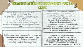 INHABILITACIÓN DE ODEBRECHT POR LA
INHABILITACIÓN DE ODEBRECHT POR LA
OSCE
OSCE
OSCE: Organismo Supervisor de las
Contrataciones del Estado
- Inhabilitación de Odebrecht: sanción impuesta
por la OSCE
- Causas de la inhabilitación:
- Caso de corrupción: Odebrecht protagonizó un
escándalo de corrupción en varios países, incluido
Perú.
- Sobornos a funcionarios: Odebrecht
admitió haber pagado sobornos a
funcionarios peruanos para obtener
contratos públicos.
- Duración de la inhabilitación: 3 años
- Efectos de la inhabilitación:
- Prohibición de contratar con el Estado:
Odebrecht no puede participar en
procesos de contratación pública durante
el período de inhabilitación.
Edificaciones que representan problemas
aerodinámicos especiales tales como
domos, arcos, antenas, chimeneas
esbeltas y cubiertas colgantes.
- PÉRDIDA DE OPORTUNIDADES
COMERCIALES: ODEBRECHT SE VE
AFECTADA EN SUS OPERACIONES Y
PROYECTOS EN PERÚ AL NO PODER
ACCEDER A CONTRATOS ESTATALES.
- MEDIDAS COMPLEMENTARIAS DE LA OSCE:
 