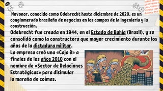 Novonor, conocido como Odebrecht hasta diciembre de 2020, es un
conglomerado brasileño de negocios en los campos de la ingeniería y la
construcción.
Odebrecht fue creada en 1944, en el Estado de Bahía (Brasil), y se
consolidó como la constructora que mayor crecimiento durante los
años de la dictadura militar.​
La empresa creó una «Caja B» a
finales de los años 2010 con el
nombre de «Sector de Relaciones
Estratégicas» para disimular
la maraña de coimas.​
g)
 