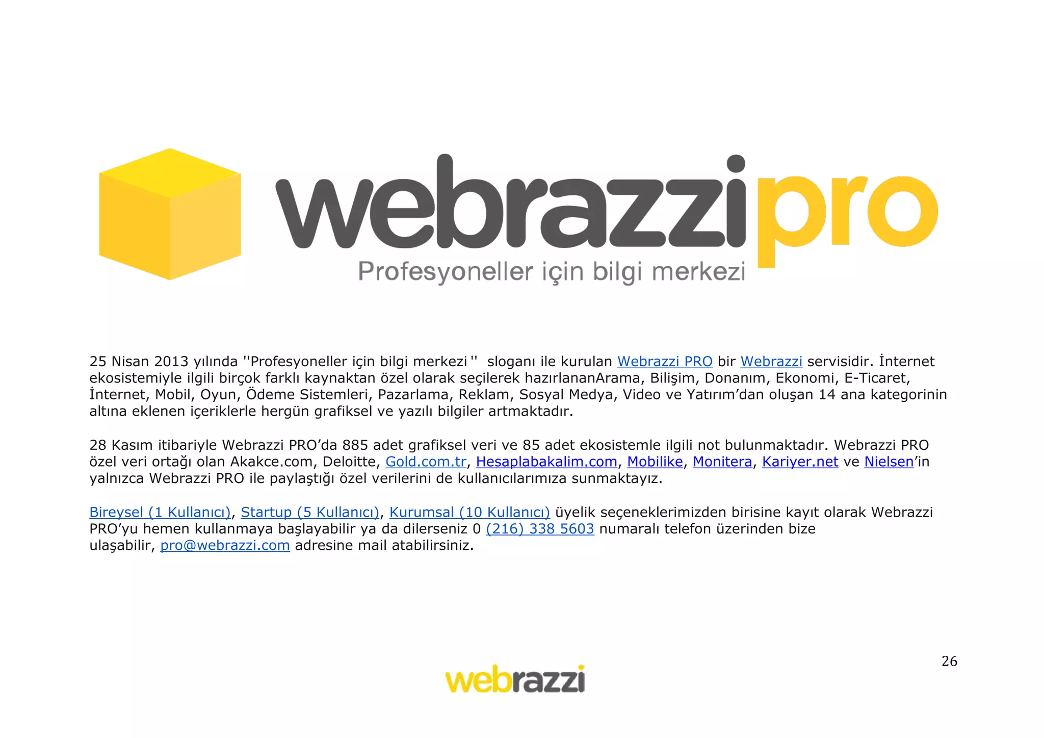 25 Nisan 2013 yılında ''Profesyoneller için bilgi merkezi '' sloganı ile kurulan Webrazzi PRO bir Webrazzi servisidir. İnternet
ekosistemiyle ilgili birçok farklı kaynaktan özel olarak seçilerek hazırlananArama, Bilişim, Donanım, Ekonomi, E-Ticaret,
İnternet, Mobil, Oyun, Ödeme Sistemleri, Pazarlama, Reklam, Sosyal Medya, Video ve Yatırım’dan oluşan 14 ana kategorinin
altına eklenen içeriklerle hergün grafiksel ve yazılı bilgiler artmaktadır.
28 Kasım itibariyle Webrazzi PRO’da 885 adet grafiksel veri ve 85 adet ekosistemle ilgili not bulunmaktadır. Webrazzi PRO
özel veri ortağı olan Akakce.com, Deloitte, Gold.com.tr, Hesaplabakalim.com, Mobilike, Monitera, Kariyer.net ve Nielsen’in
yalnızca Webrazzi PRO ile paylaştığı özel verilerini de kullanıcılarımıza sunmaktayız.
Bireysel (1 Kullanıcı), Startup (5 Kullanıcı), Kurumsal (10 Kullanıcı) üyelik seçeneklerimizden birisine kayıt olarak Webrazzi
PRO’yu hemen kullanmaya başlayabilir ya da dilerseniz 0 (216) 338 5603 numaralı telefon üzerinden bize
ulaşabilir, pro@webrazzi.com adresine mail atabilirsiniz.

26

 