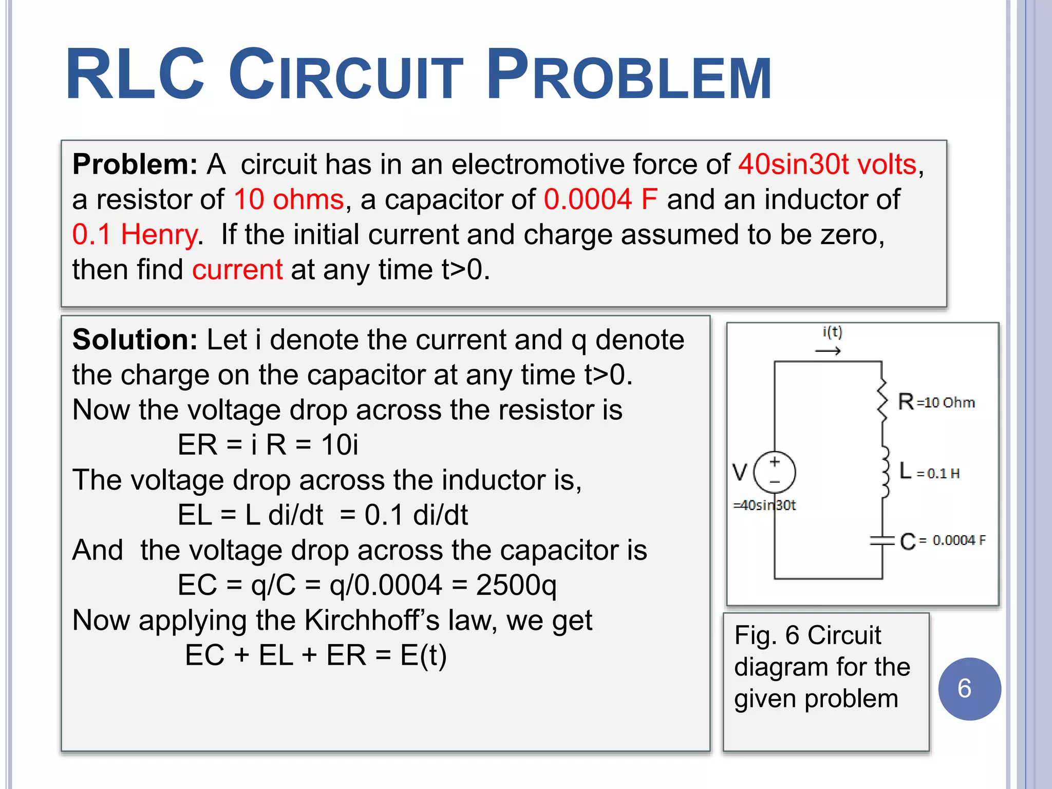 RLC CIRCUIT PROBLEM
Problem: A circuit has in an electromotive force of 40sin30t volts,
a resistor of 10 ohms, a capacitor of 0.0004 F and an inductor of
0.1 Henry. If the initial current and charge assumed to be zero,
then find current at any time t>0.
Solution: Let i denote the current and q denote
the charge on the capacitor at any time t>0.
Now the voltage drop across the resistor is
ER = i R = 10i
The voltage drop across the inductor is,
EL = L di/dt = 0.1 di/dt
And the voltage drop across the capacitor is
EC = q/C = q/0.0004 = 2500q
Now applying the Kirchhoff’s law, we get
EC + EL + ER = E(t)
Fig. 6 Circuit
diagram for the
given problem 6
 