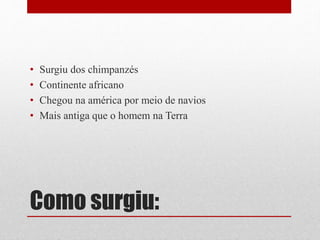 Como surgiu:
• Surgiu dos chimpanzés
• Continente africano
• Chegou na américa por meio de navios
• Mais antiga que o homem na Terra
 