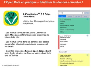 L'Open Data en pratique
- Les menus servis par la Cuisine Centrale de
Saint-Malo dans différentes écoles et centres de
loisirs de la ville.
- Les menus servis dans les cantines des écoles
maternelles et primaires publiques rennaises et
nantaises
- Données issues des fichiers open data de Saint-
Malo Agglomération, de Rennes Métropole et de la
ville de Nantes
L'Open Data en pratiqueL'Open Data en pratique – Réutiliser les données ouvertes !
3- L'application Y' A D Frites
(Saint-Malo)
Initiative d'un développeur informatique
indépendant
CC BY-scop La Péniche – 31 mars 2017
 