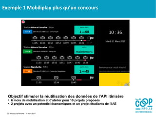Exemple 1 Mobiliplay plus qu’un concours
Objectif stimuler la réutilisation des données de l’API itinisère

6 mois de mobilisation et d’atelier pour 10 projets proposés

2 projets avec un potentiel économiques et un projet étudiants de l'IAE
CC BY-scop La Péniche – 31 mars 2017
 