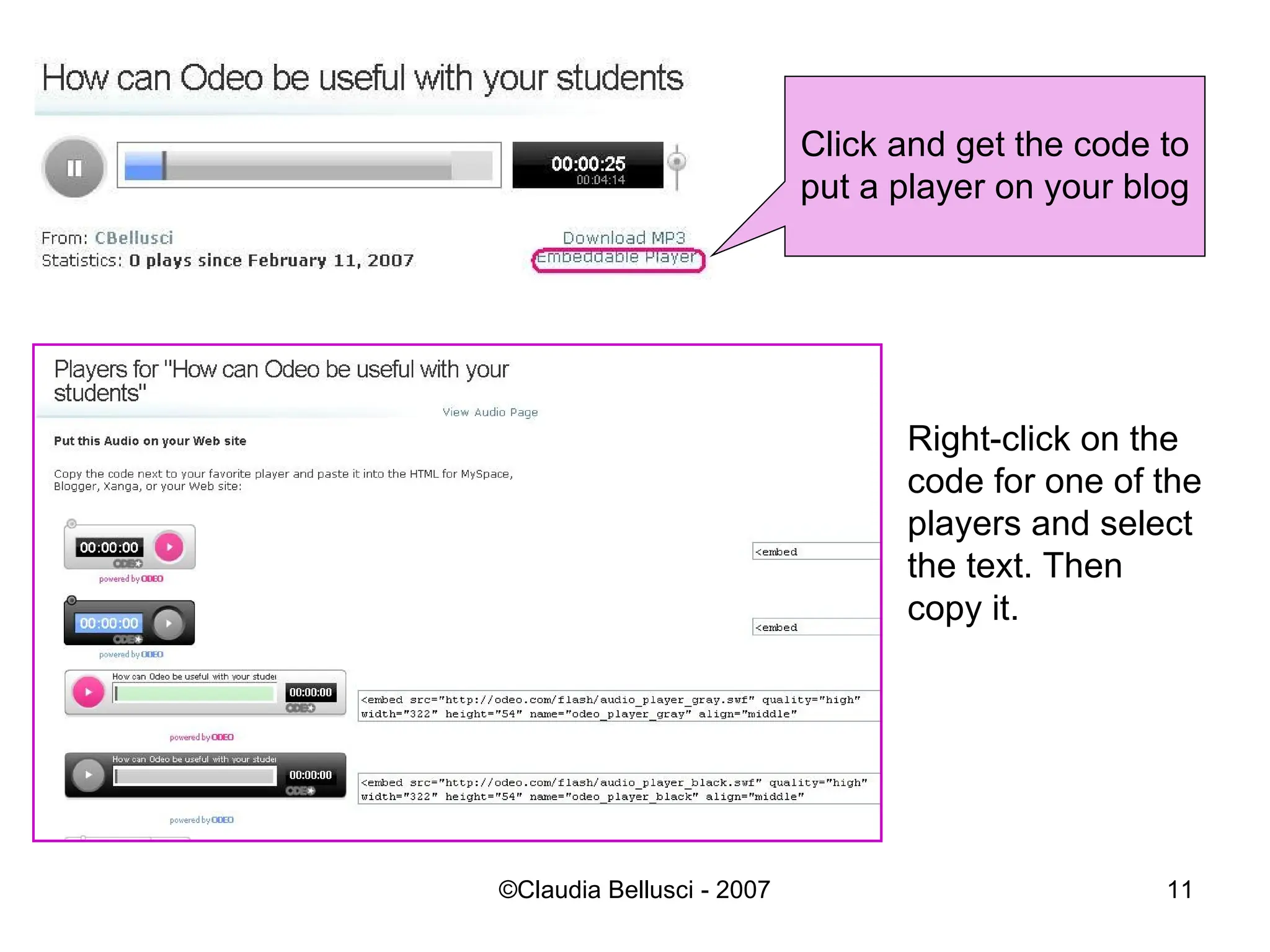 Right-click on the code for one of the players and select the text. Then copy it. Click and get the code to put a player on your blog 
