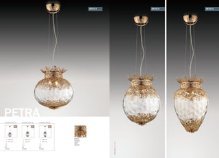 PETRA
серия 2673 серия 2674 серия 2675
340 mm
310 mm
G9
4x40W
300 mm
370 mm
G9
4x40W
200 mm
430 mm
G9
4x40W
/4 /4 /4
декор:
металл
цвет:
золото
2673/4 2674/4 2675/4
OdeonLight2013–2014
 