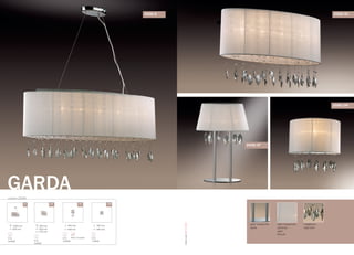 серия 2008
GARDA
E14
6x40W
1600 mm
900 mm
E14
4x40W
390 mm
600 mm
220 mm
440 mm
300 mm
E14
3x40W
выкл. на шнуре
180 mm
280 mm
E14
1x40W
/6 /3T/4С /1W
2008/6
цвет покрытия:
хром
цвет покрытия:
органза
цвет:
белый
подвески:
хрусталь
2008/3T
2008/1W
2008/4C
OdeonLight2013–2014
 