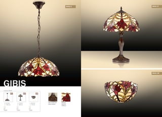 2640/2 2640/1T
2640/1W
GIBIS
серия 2640
/1W/1T/2
305 mm
170 mm
E27
1x60W
310 mm
490 mm
E27
1x60W
410 mm
1200 mm
E27
2x60W
абажур:
техника
«tiffany»
цвет покрытия:
коричневый
 