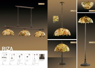 серия 2269
RIZA
цвет покрытия:
коричневый
/3 /2 /1T /1W /2F
210-1200 mm
410 mm
E27
2x60W
1100 mm
1320 mm
E27
3x60W
170 mm
310 mm
E27
1x60W
460 mm
300 mm
E27
1x60W
выкл. на шнуре
1430 mm
460 mm
E27
2x60W
выкл. на шнуре
2269/3
абажур:
tiffany
2269/2
2269/1T 2269/2F
2269/1W
 