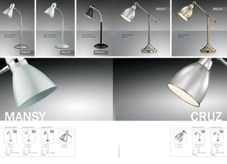 MANSY
серия 2409 серия 2411 серия 2410
530 mm
170 mm
E27
1x60W
выкл. на шнуре
530 mm
170 mm
E27
1x40W
выкл. на шнуре
530 mm
170 mm
E27
1x60W
выкл. на шнуре
170 mm
130 mm
/1T /1T /1T
2410/1T2411/1T2409/1T
цвет покрытия:
серебристый
цвет покрытия:
белый металлик
цвет покрытия:
черный металлик
серия 2413серия 2412
340-450 mm
175 mm
E27
1x60W
выкл. на шнуре
340-450 mm
175 mm
E27
1x60W
выкл. на шнуре
160 mm
140 mm
/1T /1T
2412/1T2413/1T
цвет покрытия:
никель
цвет покрытия:
бронза
OdeonLight2012-2013
CRUZ
 