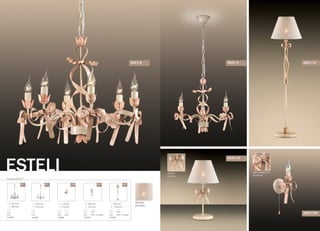 серия 2527
ESTELI
выкл. на шнуре
280 mm
510 mm
E27
1x60W
450 mm
410 mm
E14
3x40W
550 mm
490 mm
E14
6x40W
120 mm
210 mm
E14
1x40W
выкл. выкл. на шнуре
400 mm
1540 mm
E27
1x60W
/6 /3 /1W /1T /1F
2527/6
абажур:
рогожка
2527/3
2527/1T
2527/1W
2527/1F
декор:
металл
цвет покрытия:
розовый
 