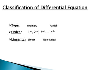 Classification of Differential Equation


  Type:         Ordinary         Partial

  Order :       1st, 2nd, 3rd,....,nth

  Linearity :   Linear      Non-Linear
 