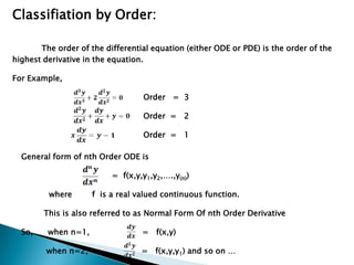 Classifiation by Order:

       The order of the differential equation (either ODE or PDE) is the order of the
highest derivative in the equation.

For Example,

                                  Order = 3

                                  Order = 2

                                  Order = 1

  General form of nth Order ODE is

                          = f(x,y,y1,y2,….,y(n))

         where       f is a real valued continuous function.

        This is also referred to as Normal Form Of nth Order Derivative

  So,    when n=1,                = f(x,y)

         when n=2,                = f(x,y,y1) and so on …
 