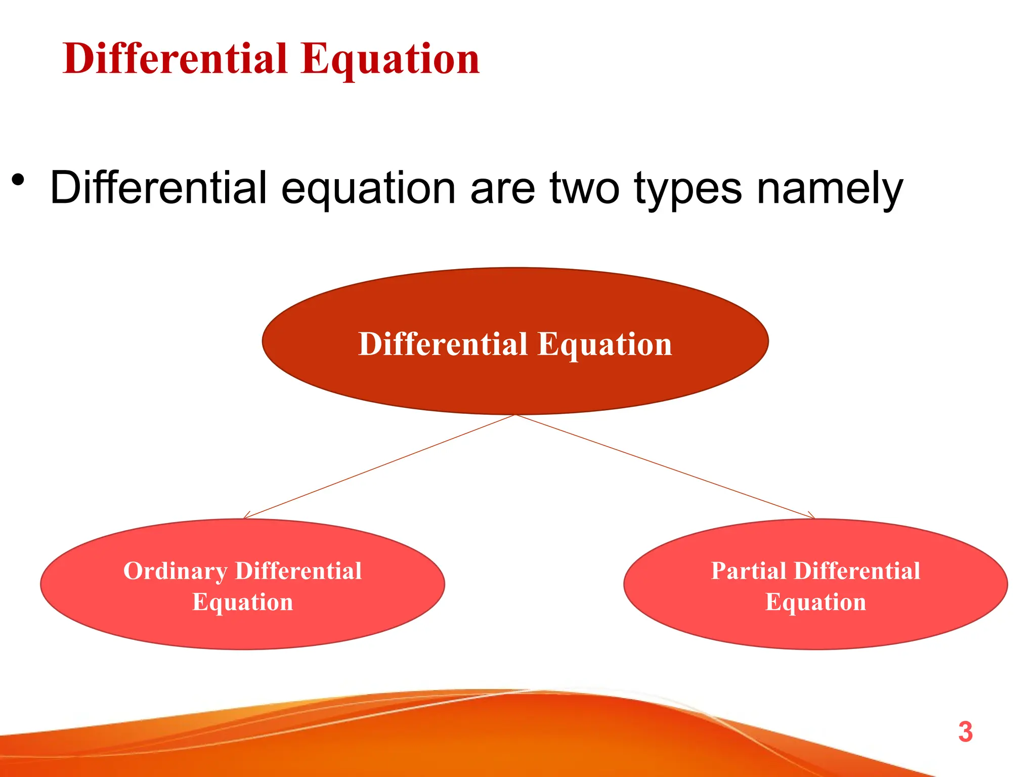 Differential Equation
• Differential equation are two types namely
3
Differential Equation
Ordinary Differential
Equation
Partial Differential
Equation
 
