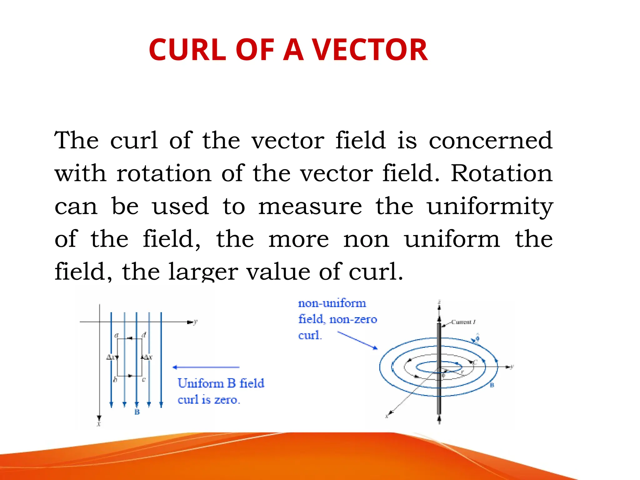 CURL OF A VECTOR
The curl of the vector field is concerned
with rotation of the vector field. Rotation
can be used to measure the uniformity
of the field, the more non uniform the
field, the larger value of curl.
 