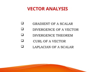 VECTOR ANALYSIS
 GRADIENT OF A SCALAR
 DIVERGENCE OF A VECTOR
 DIVERGENCE THEOREM
 CURL OF A VECTOR
 LAPLACIAN OF A SCALAR
 