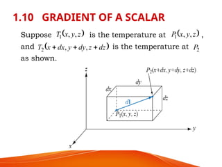 1.10 GRADIENT OF A SCALAR
Suppose is the temperature at ,
and is the temperature at
as shown.
 
z
y
x
T ,
,
1  
z
y
x
P ,
,
1
2
P
 
dz
z
dy
y
dx
x
T 

 ,
,
2
 