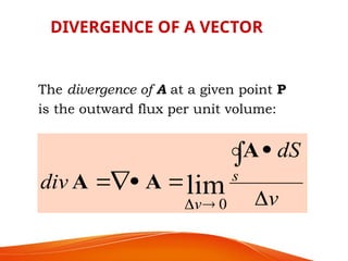 DIVERGENCE OF A VECTOR
The divergence of A at a given point P
is the outward flux per unit volume:
v
dS
div s
v 








A
A
A lim
0
 