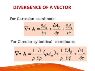 For Cartesian coordinate:
z
A
y
A
x
A z
y
x










 A
For Circular cylindrical coordinate:
  z
A
A
A z


















1
1
A
DIVERGENCE OF A VECTOR
 