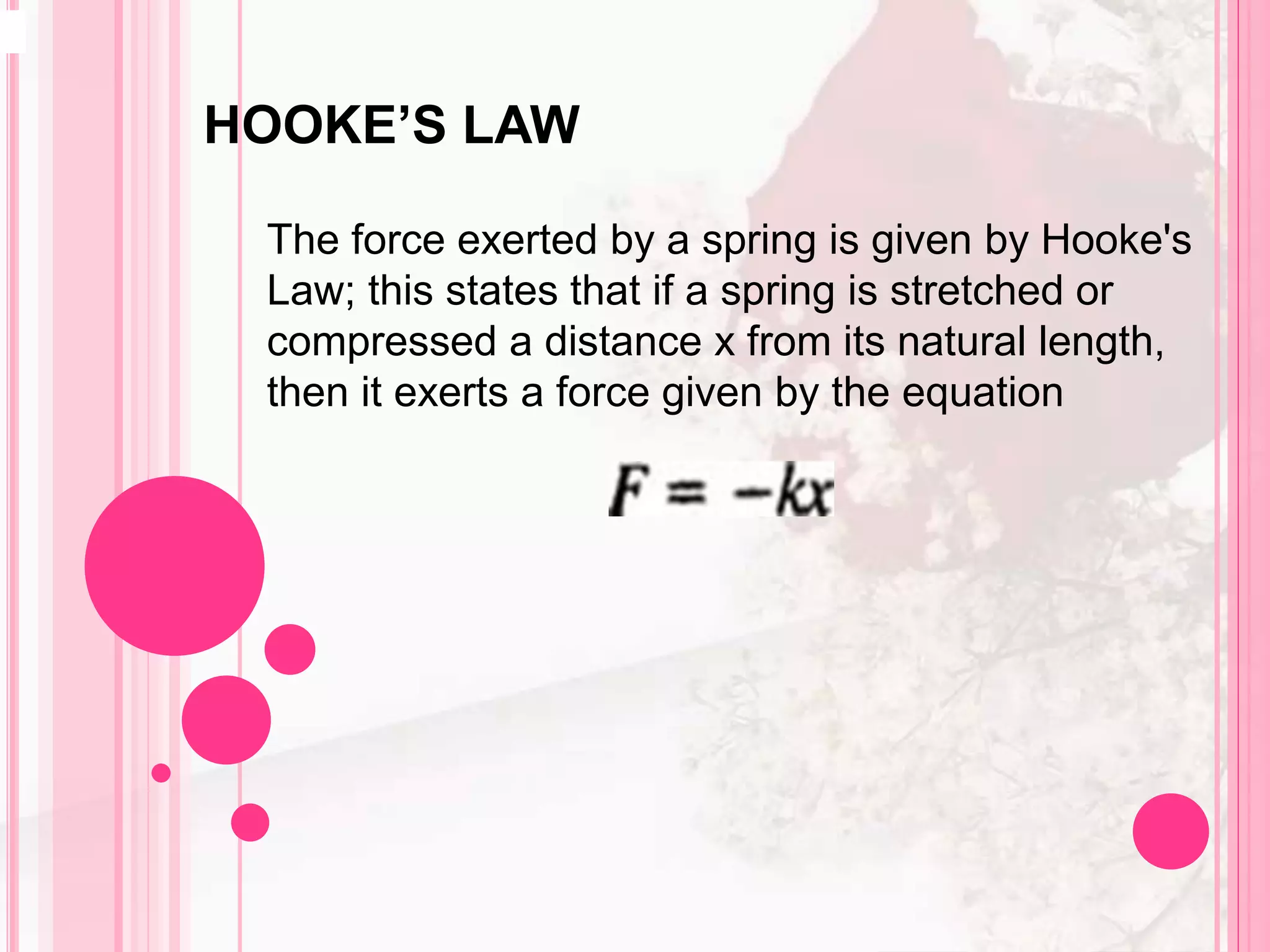 The force exerted by a spring is given by Hooke's
Law; this states that if a spring is stretched or
compressed a distance x from its natural length,
then it exerts a force given by the equation
HOOKE’S LAW
 